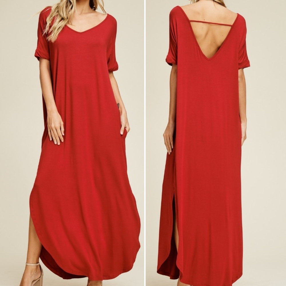 A Knit Solid T-Shirt Dress featuring a V-Neck,